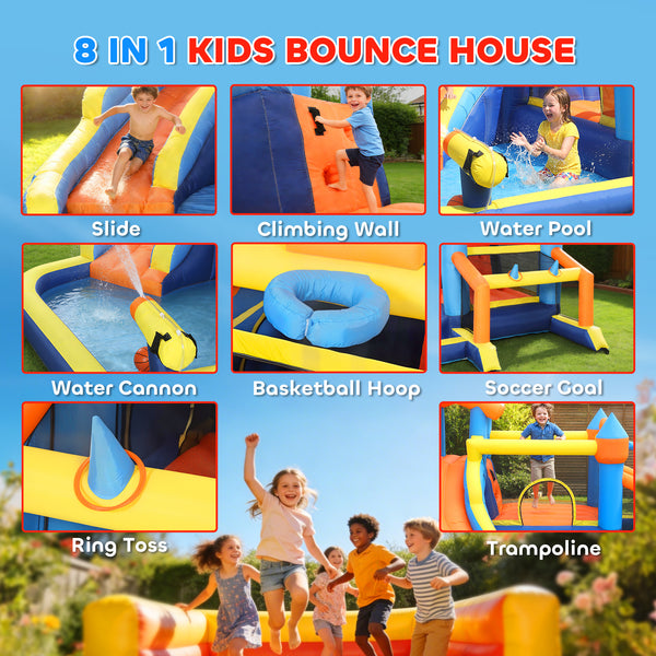 Inflatable bouncy castle for children with slide, ball pit, climbing wall and blower