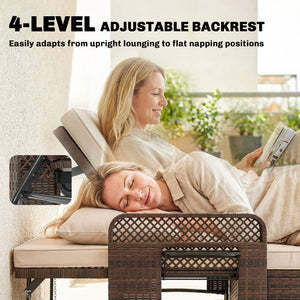 Double patio lounge chairs with cushions, PE wicker, adjustable backrest and side tables, brown/cream