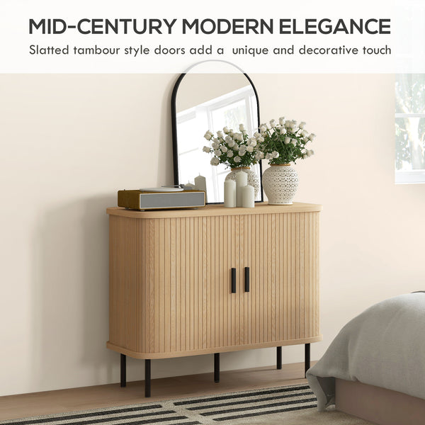 Nordic sideboard with tambour doors and metal legs, oak