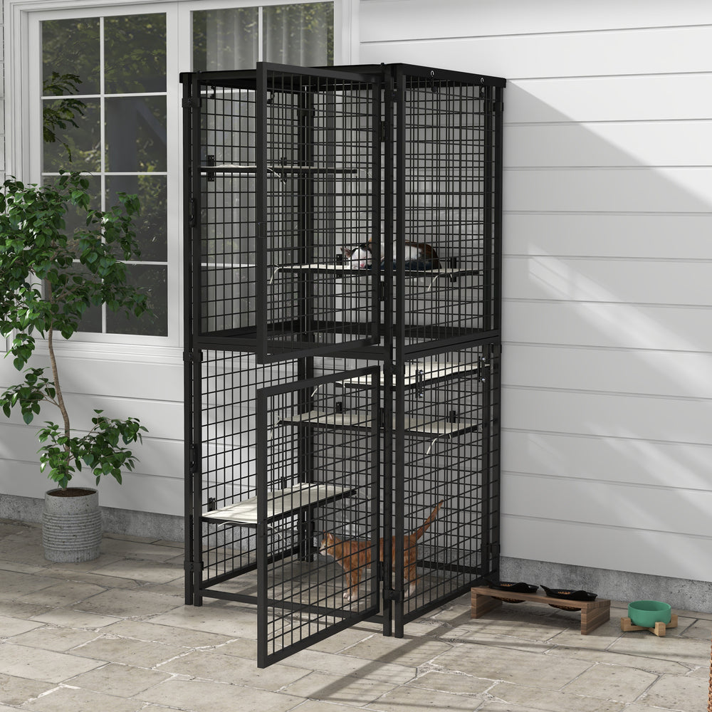 Multi-level steel cat cage with UV and water resistant cover
