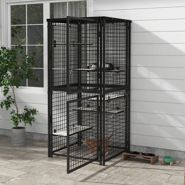 Multi-level steel cat cage with UV and water resistant cover