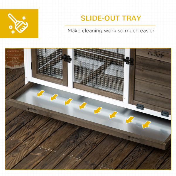 Rabbit hutch with wheels, ramp, run, and tray for indoor and outdoor use