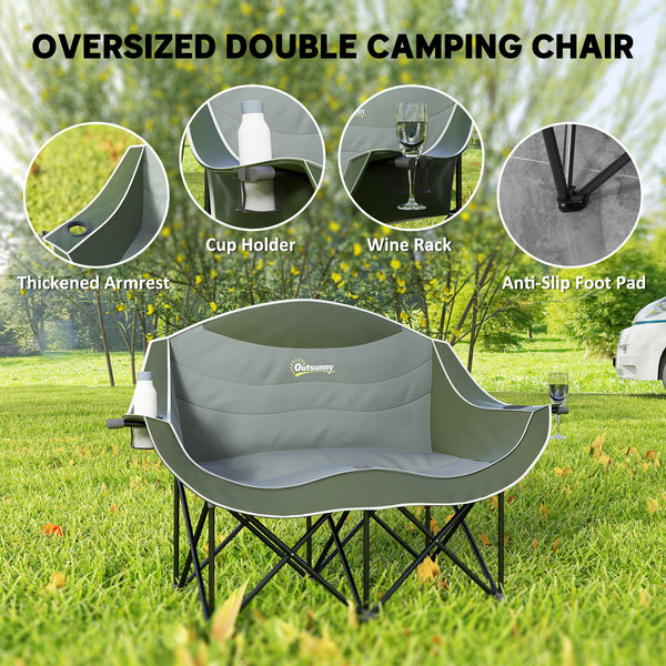 Portable Double Camping Chair with Cup Holders and Carry Bag, Supports up to 250 kg, Dark Green