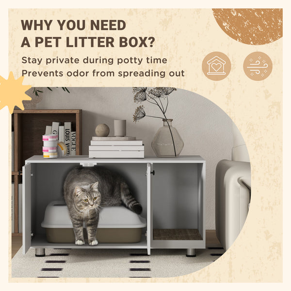 Litter box cabinet with double doors and integrated scratching post, white