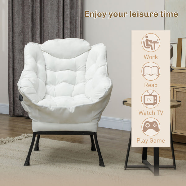 Accent chair with side pockets and solid steel legs, cream white