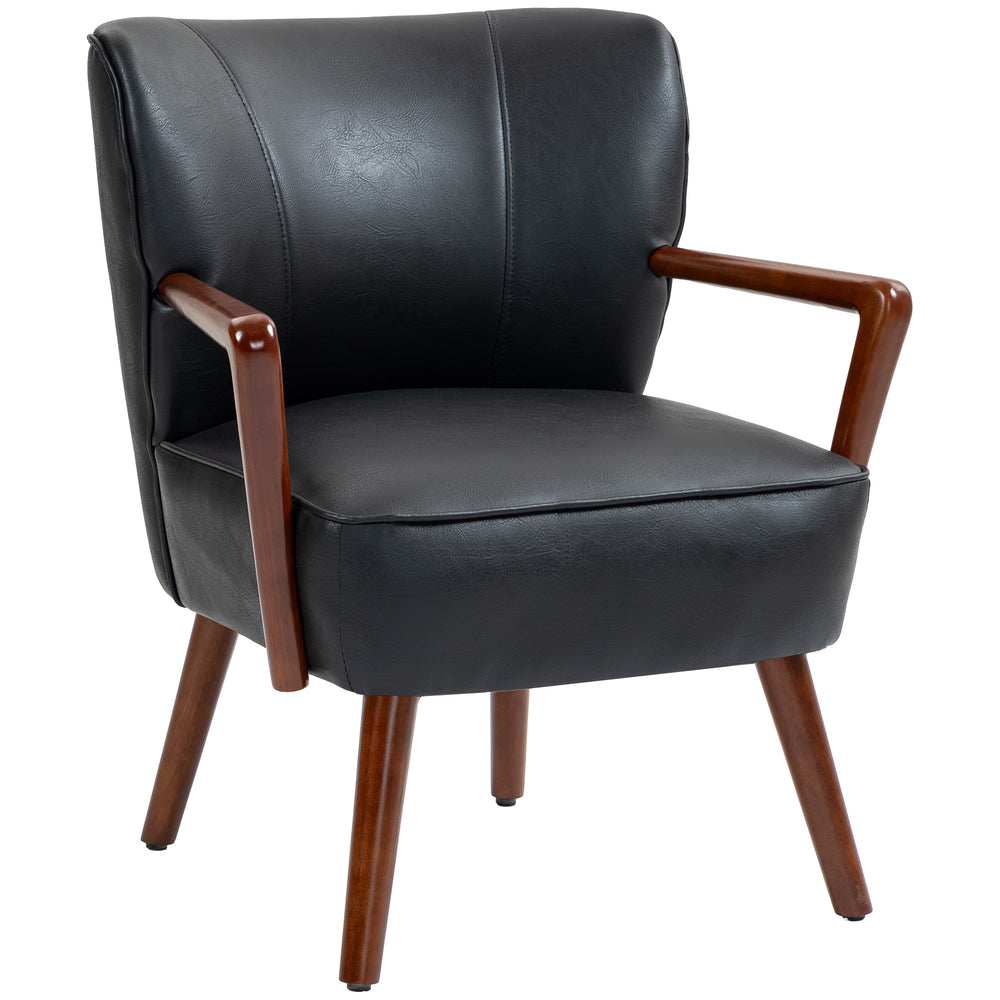 Faux leather upholstered accent chair with wooden legs and wide seat, black