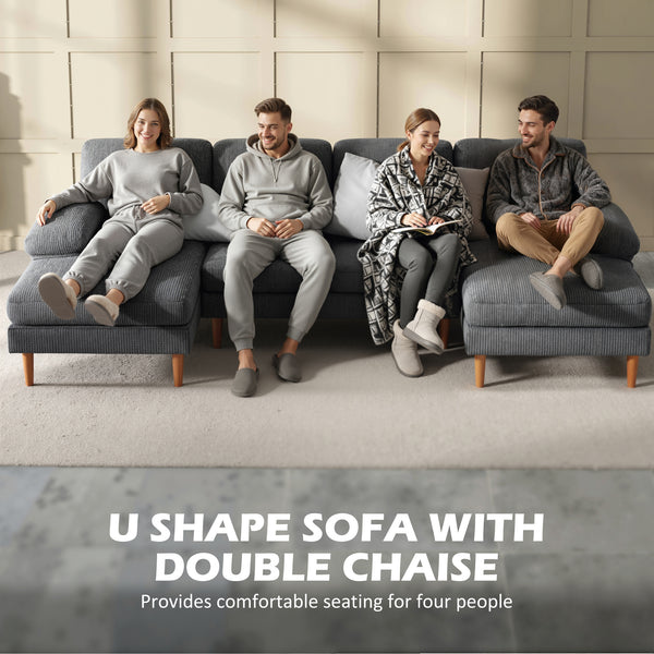 U-shaped corner sofa with double chaise longue, 4-seater with wooden legs, dark grey