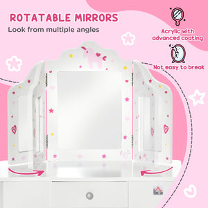 Dressing table set with folding mirrors, star and heart patterned drawer, white