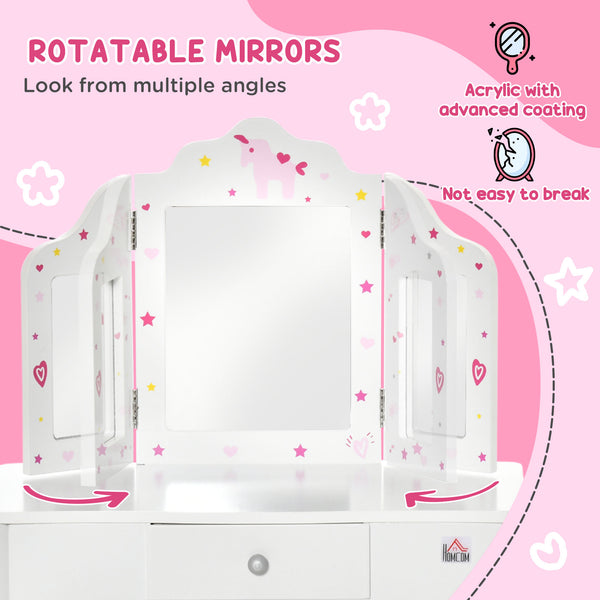 Dressing table set with folding mirrors, star and heart patterned drawer, white