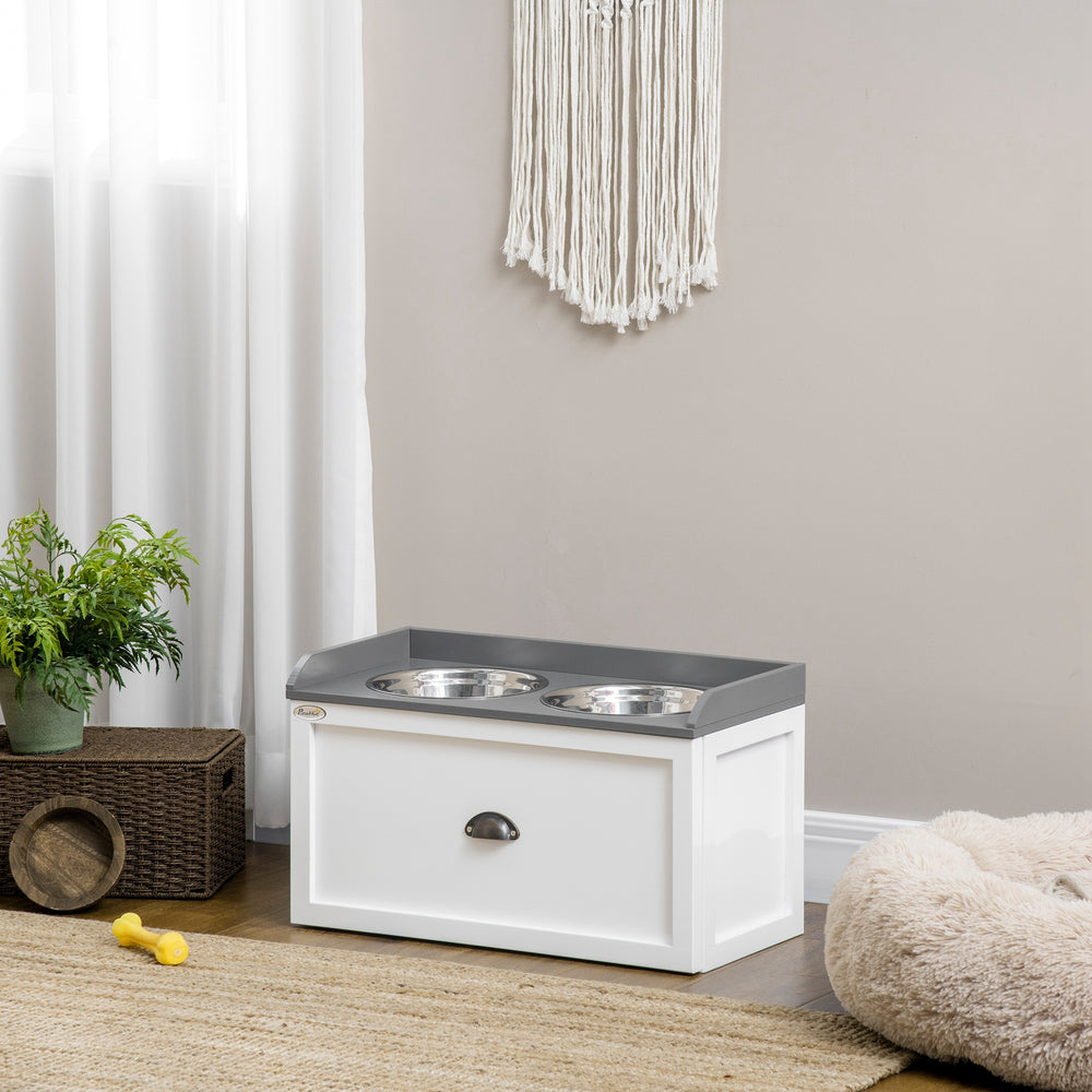 Elevated dog bowls with storage, white