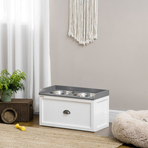 Elevated dog bowls with storage, white
