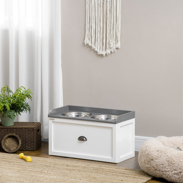 Elevated dog bowls with storage, white