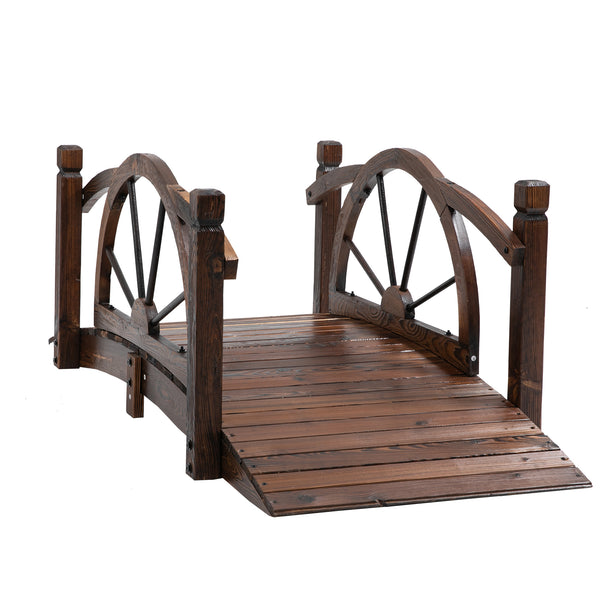 Wooden garden bridge, decorative arched walkway with safety railing 