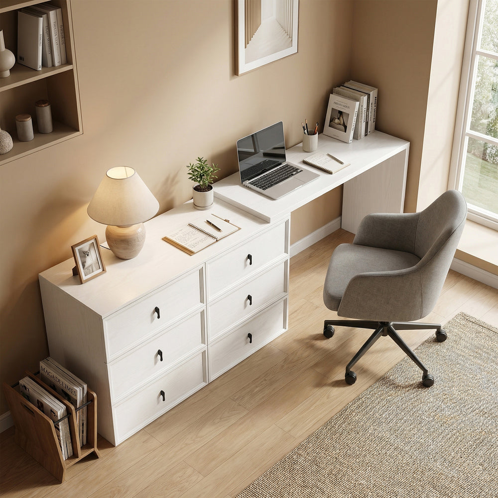 Convertible L-shaped or straight computer desk with 6 drawers and double storage – White wood-effect