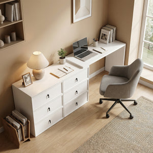 Convertible L-shaped or straight computer desk with 6 drawers and double storage – White wood-effect