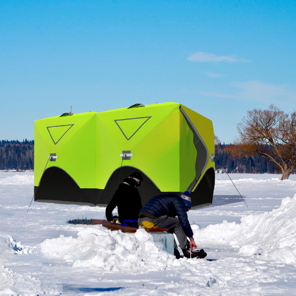Insulated ice fishing shelter for 8 people, with ventilation windows and carry bag, for temperatures down to -30°C, green