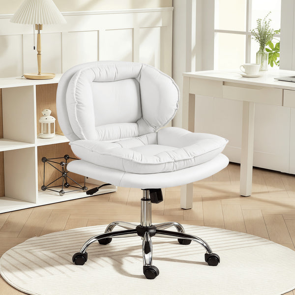 Wide swivel office chair with faux leather upholstery, reclining, without armrests, white