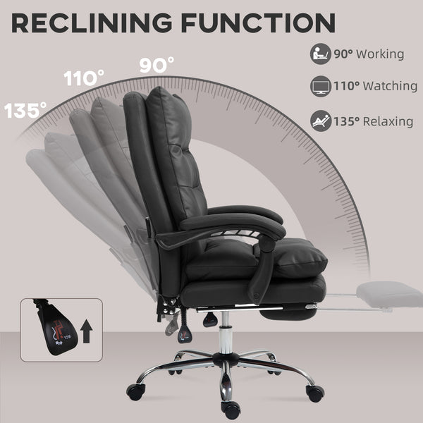 Executive office chair with 6-point massage and heating, reclining microfiber upholstery with footrest, black