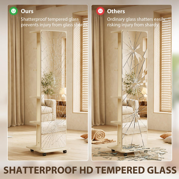 Miroir sur pied en verre trempé, monté sur roulettes, avec étagères de rangement et patères, en bois naturel.