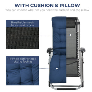 Set of 2 folding garden chairs with cushion and headrest, dark blue 