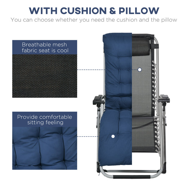 Set of 2 folding garden chairs with cushion and headrest, dark blue 