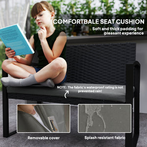 Two-seater outdoor rattan bench with cushion, grey