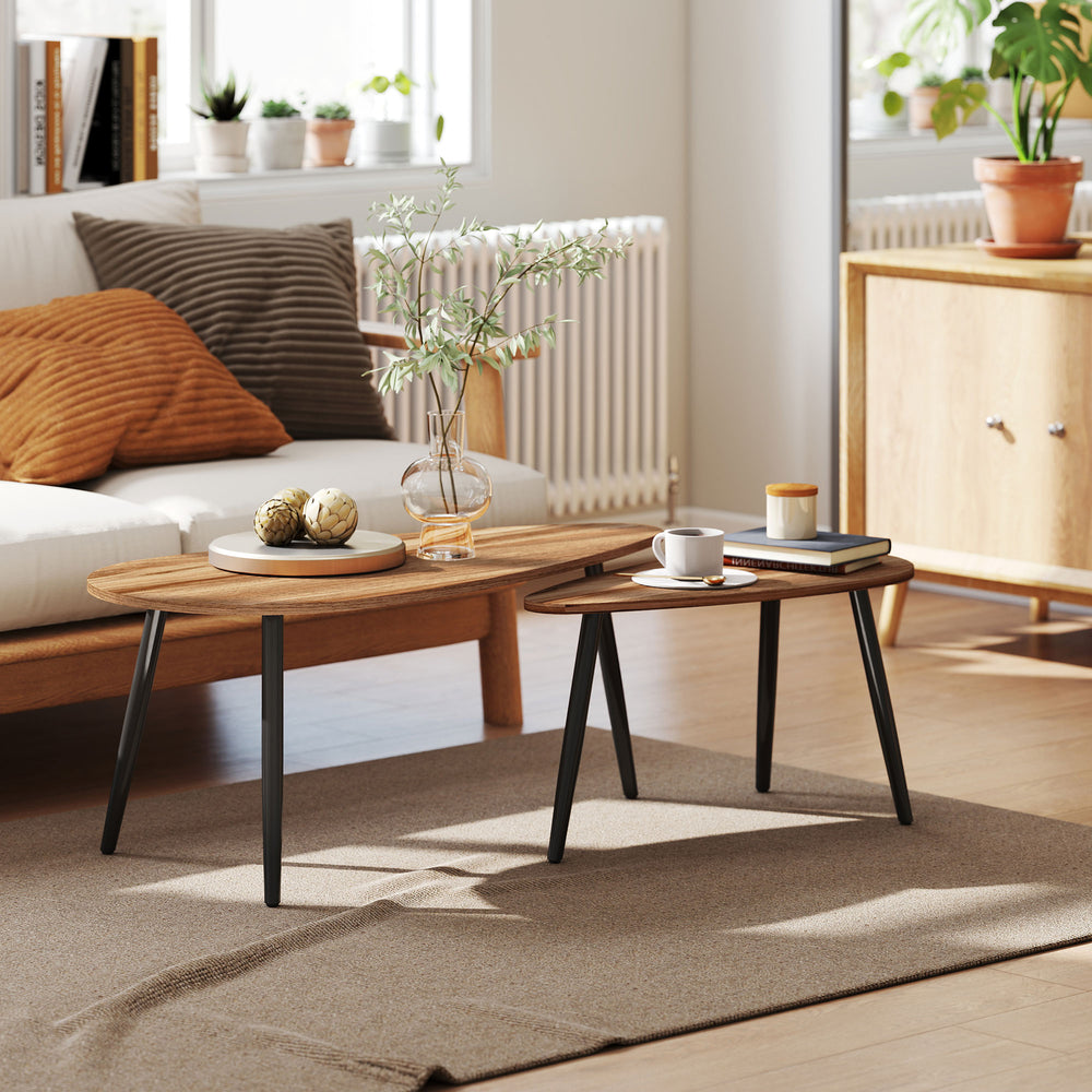 Set of 2 industrial coffee tables with steel legs, brown