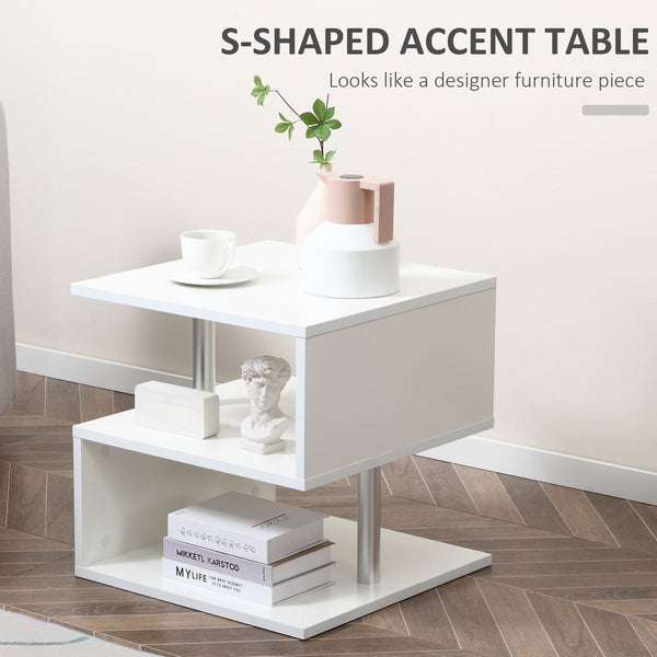 S-shaped wooden table with 3 storage shelves, white