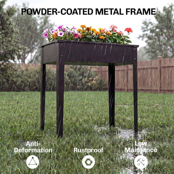 Raised garden bed with reinforced corners, metal on legs with drainage hole, black