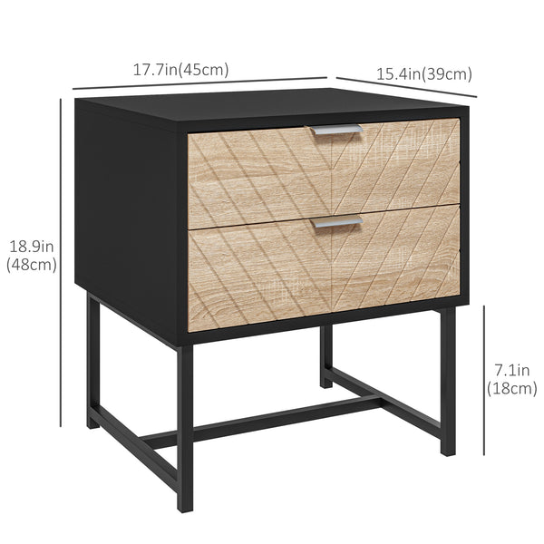 Modern bedside table with 2 drawers and steel structure, black and oak
