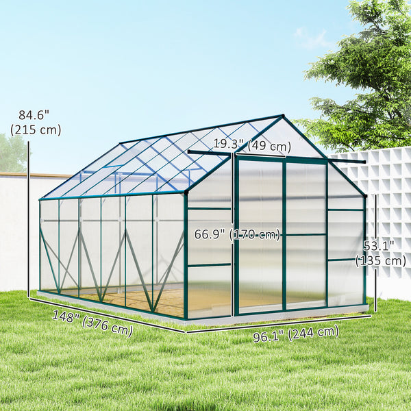 Aluminium and polycarbonate garden greenhouse with adjustable roof ventilation
