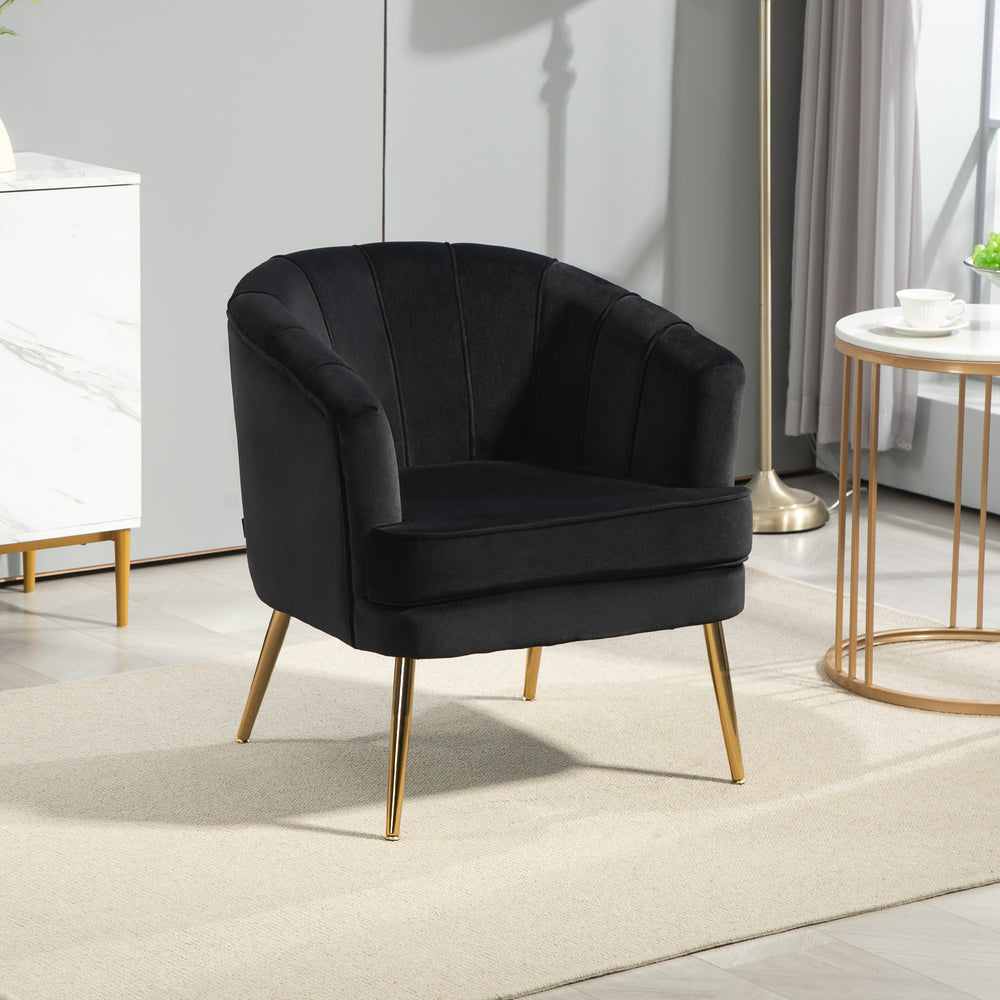 Modern fabric accent chair with gold metal legs, black