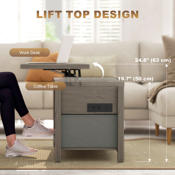 Lift-top extendable coffee table with power outlets, USB ports, and 5 storage compartments – Dark gray
