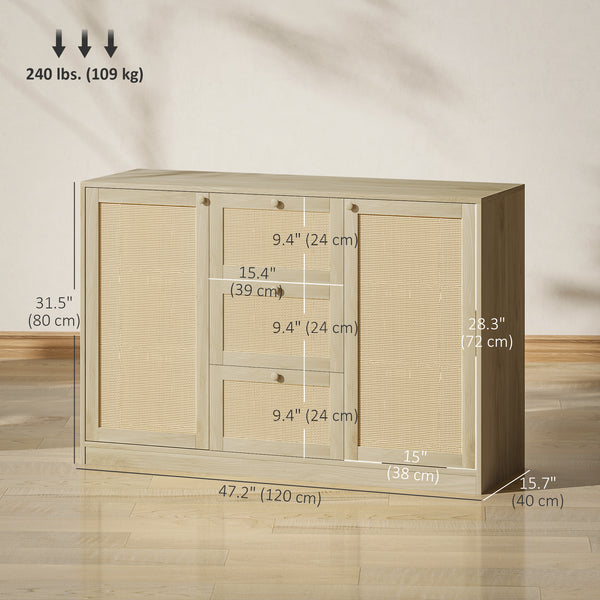 Boho Sideboard with 3 Drawers, 2 Adjustable Shelves and 4 Shelves, Natural