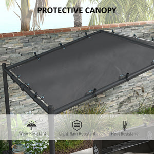 Barbecue shelter with steel frame and serving shelves, dark grey
