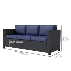 3 Seater Rattan and Wicker Sofa, Outdoor Garden Furniture with Cushion, Navy Blue