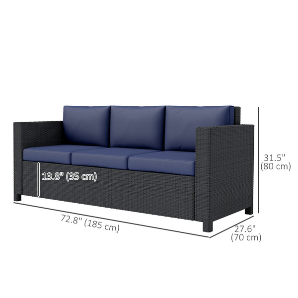 3 Seater Rattan and Wicker Sofa, Outdoor Garden Furniture with Cushion, Navy Blue