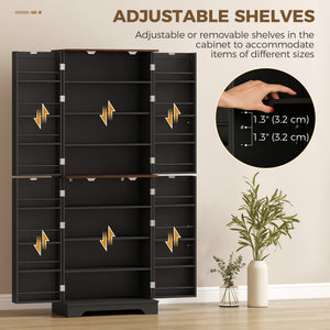 Farmhouse-style tall pantry with 2 cabinets, door, and adjustable shelves, black