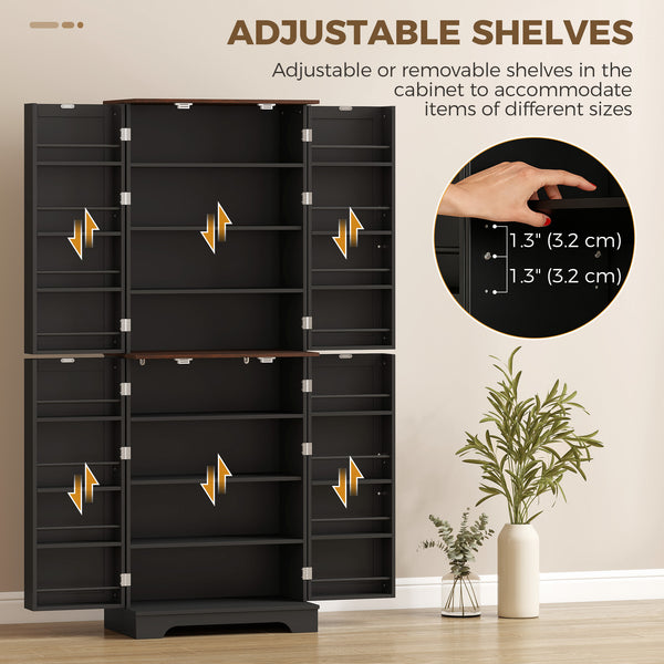 Farmhouse-style tall pantry with 2 cabinets, door, and adjustable shelves, black