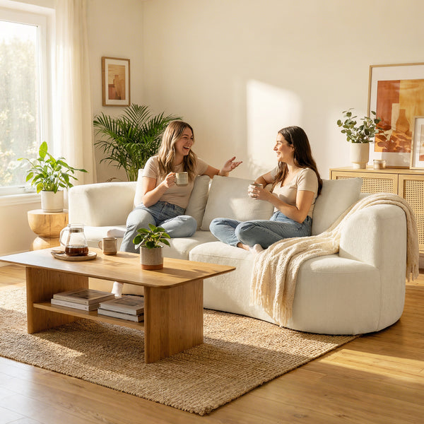 Three-seater sofa in chenille without frame, wide seat, spring cushions, high-density foam, 3 cushions, cream white