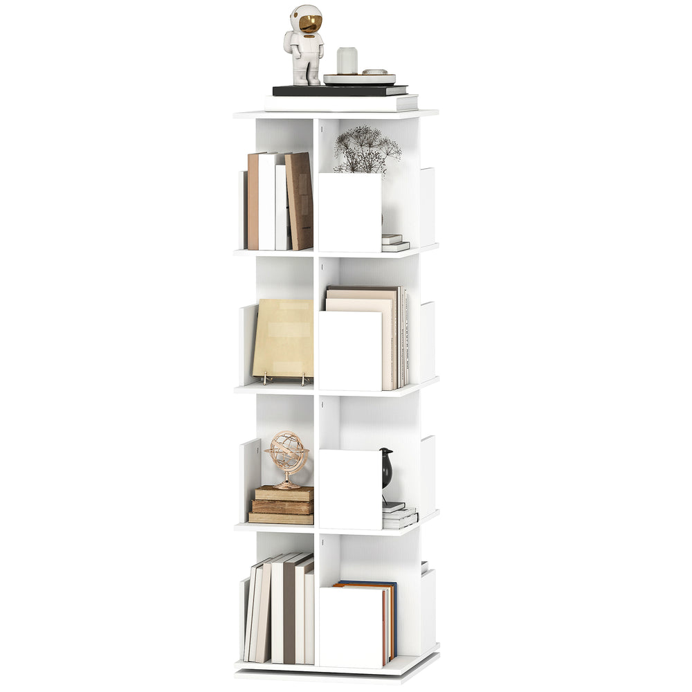 360° Rotating Bookcase with 4 Tiers and 16 Compartments, White Wood