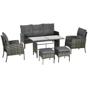 6 Piece Furniture Set with Chairs, Ottomans, Sofa, Glass Table and Cushions, Furniture Set, Grey
