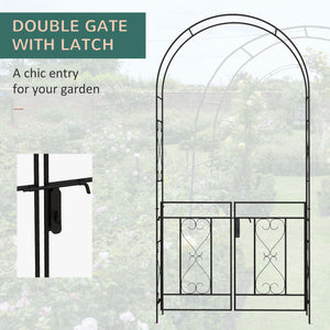 Metal garden arch with gate, trellis for climbing plants, black