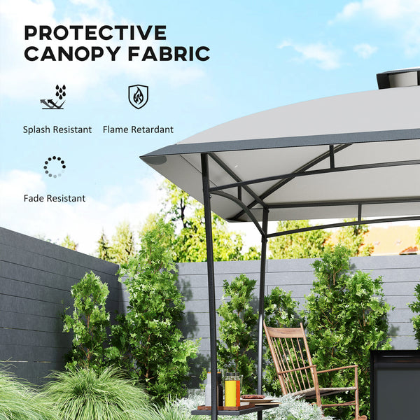 Two-tier barbecue gazebo with 2 side shelves and a hook, light grey