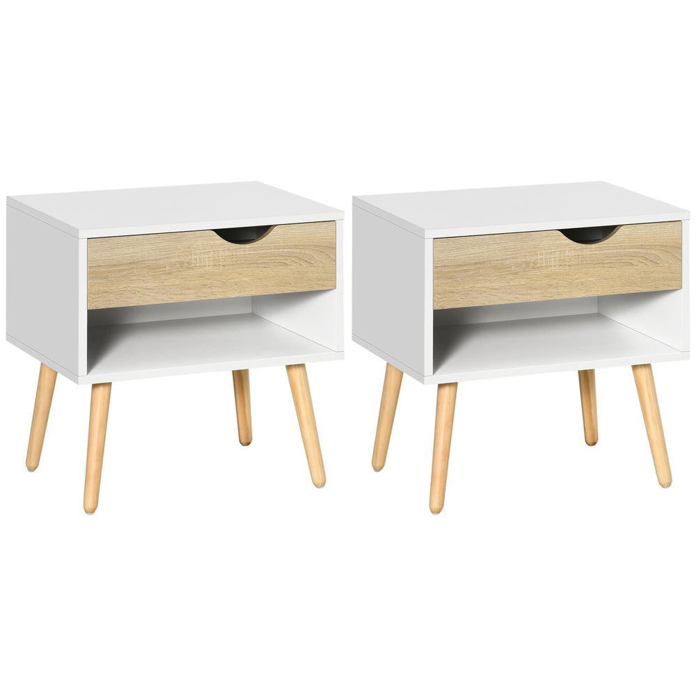 Set of 2 bedside tables with drawer and shelf, white
