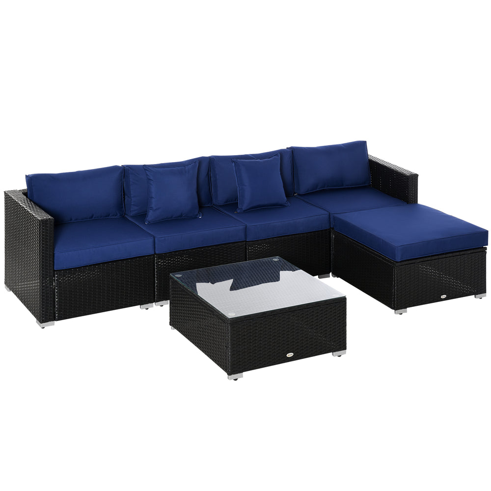 6 Pieces Outdoor PE Rattan Wicker Patio Furniture Sofa Set with Thick Cushions, Deluxe Garden Sectional Couch with Glass Top Table, Black and Dark Blue