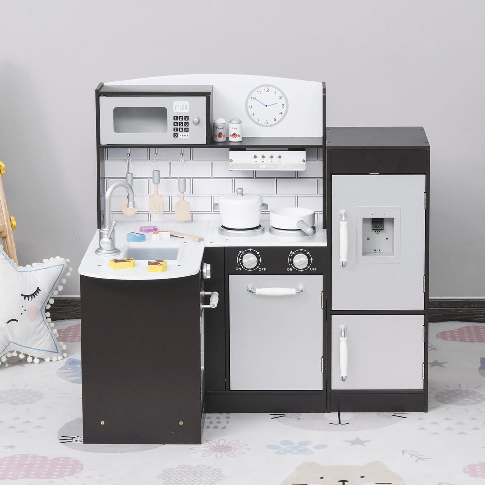 Kids' Kitchen with Water Fountain, Microwave and Accessories, Dark Brown