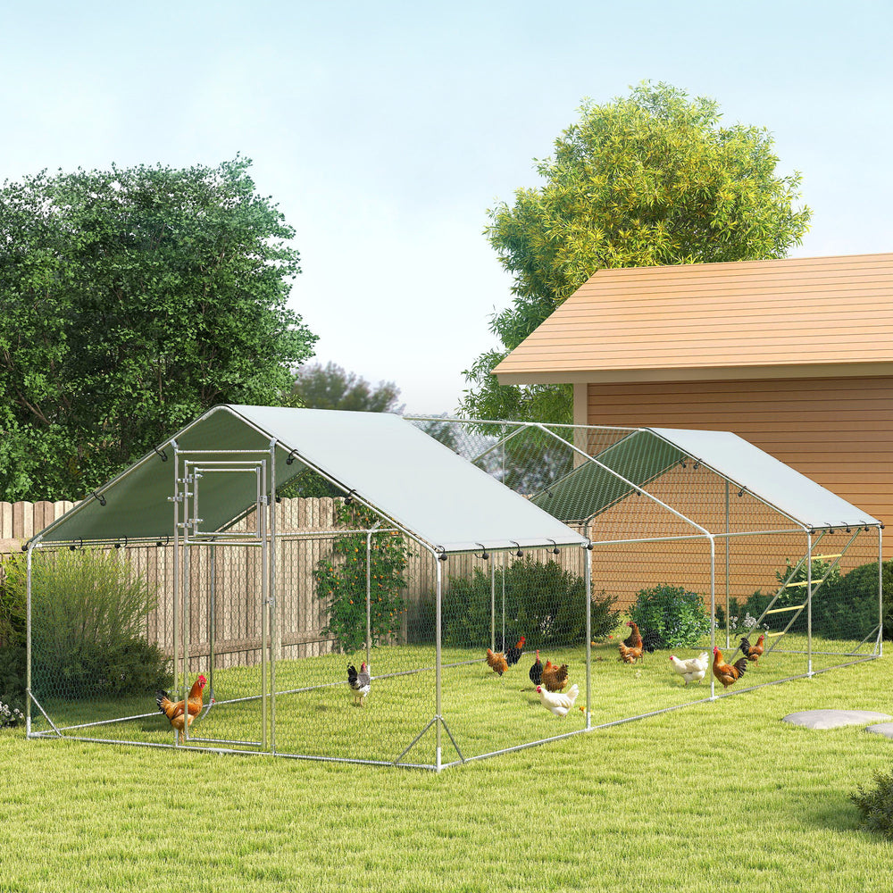 Large metal chicken coop with waterproof and UV-resistant cover