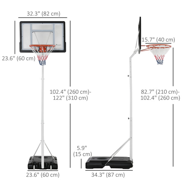 Portable basketball hoop, adjustable height from 2.1 to 2.6 m with wheels