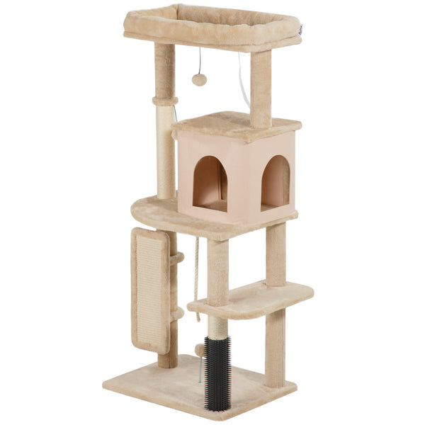 132cm Cat Tree with Scratching Posts, Basket, Kennel and Grooming Brush, Beige